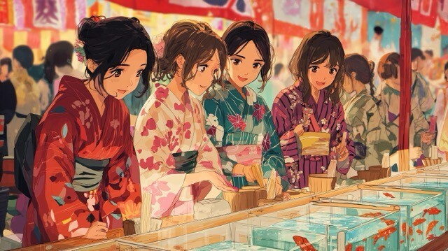 5 金魚すくいを楽しむ浴衣姿の少女たち夏祭りの縁日風景（中）.jpeg