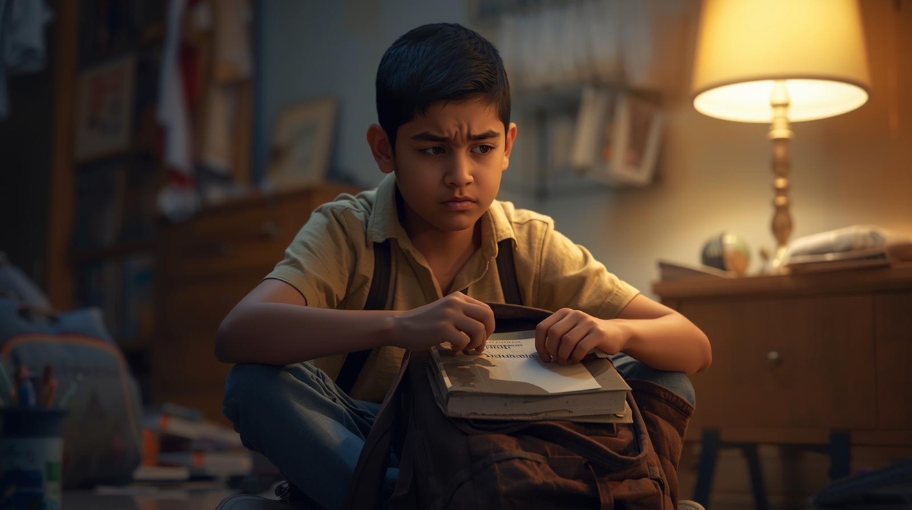 ランドセルに明日の準備をする小学生男子が何をしたら良いか分からず困っている絵 (1).jpg