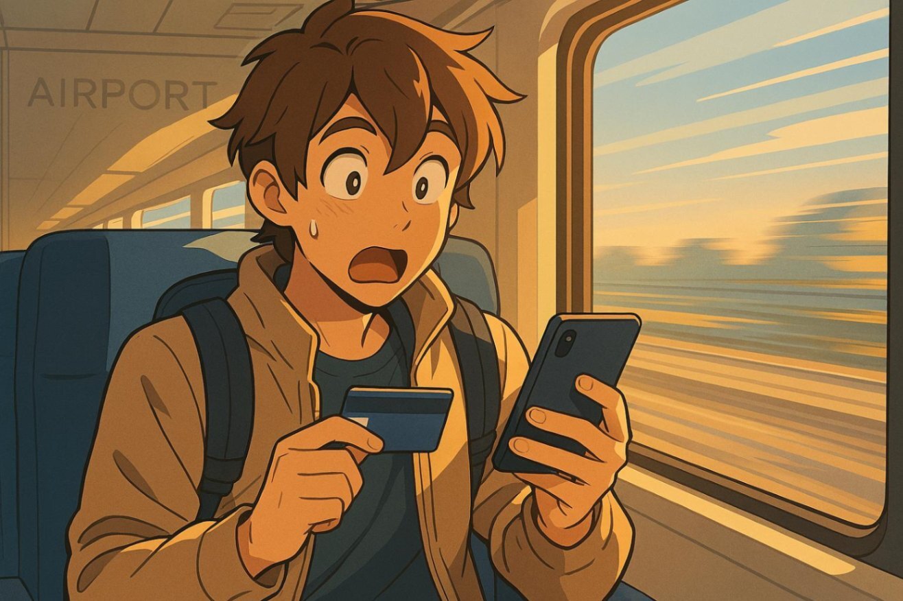 A traveler on a train heading to the airport, chec.jpg