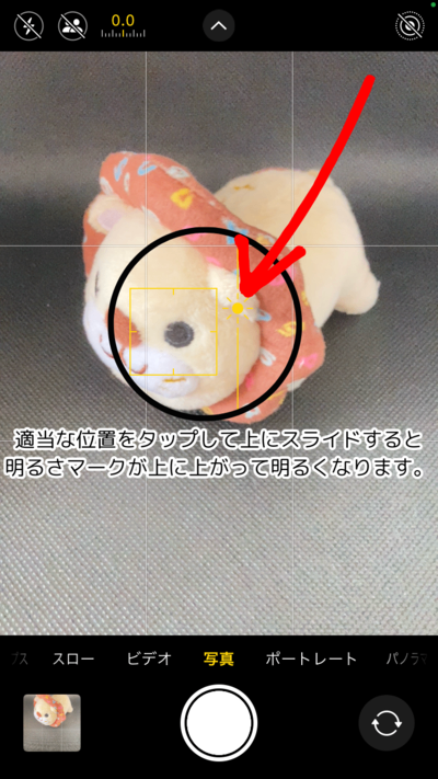 適当な位置をタップして上にスライドすると 明るさマークが上に上がって明るくなります。のコピー.png