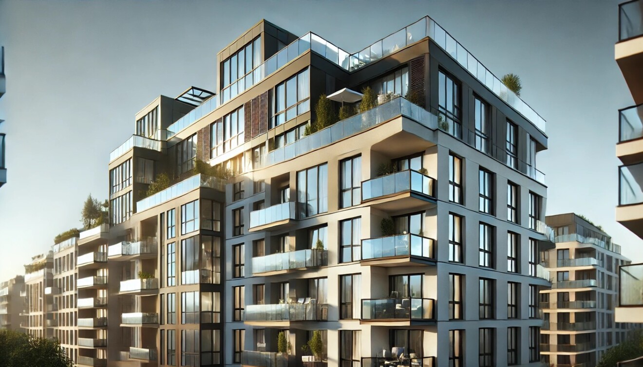 DALL·E 2024-09-09 22.42.08 - A realistic image of a multi-story apartment building with a rooftop balcony. The building is modern, featuring large windows, clean architectural lin.jpeg