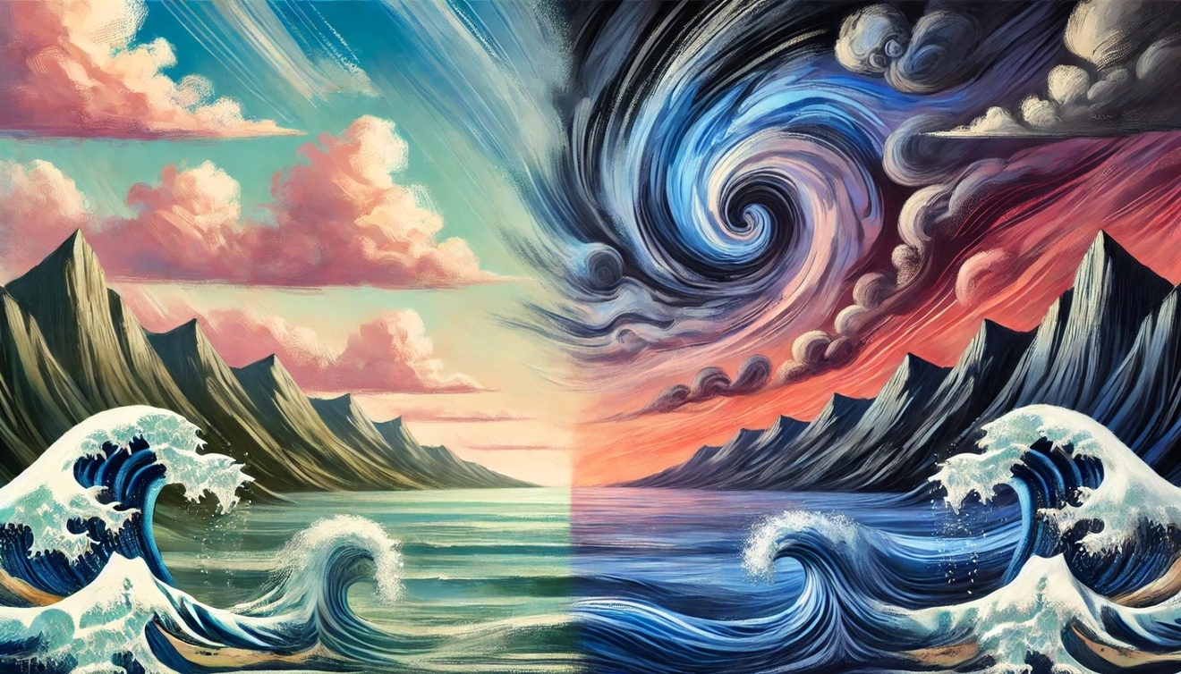DALL·E 2024-09-12 17.04.47 - A visual representation of shifting emotions, starting with calm and serenity on the left and moving towards intense feelings of turmoil and chaos on .jpeg