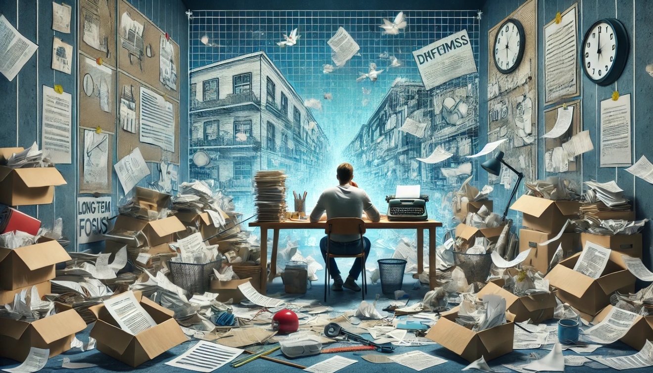 DALL·E 2024-09-16 15.13.57 - A wide conceptual image discouraging short-term focus. Show a person sitting at a cluttered desk, surrounded by unfinished tasks, scattered papers, an.jpeg