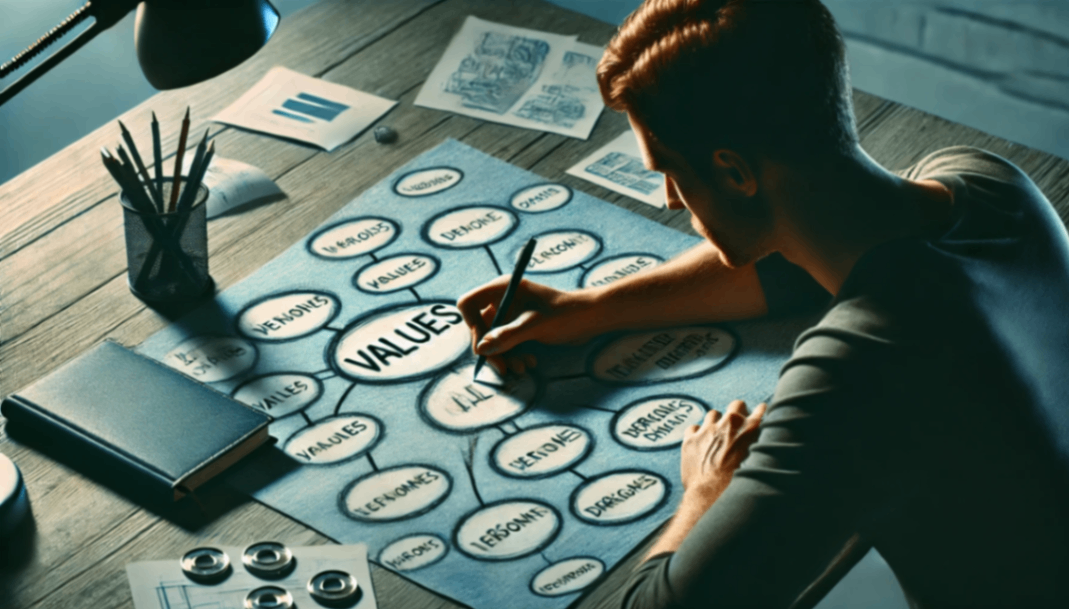 DALL·E 2024-09-22 16.28.20 - A scene depicting someone engaged in self-reflection, creating a values map. The person is drawing on a notepad or notebook, sketching out a mind map .png