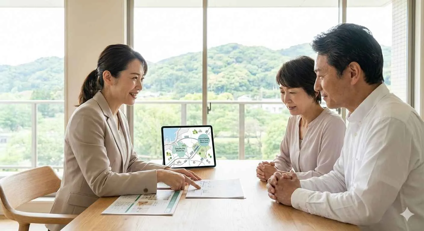 福岡市南区の不動産会社で相談する夫婦と担当者