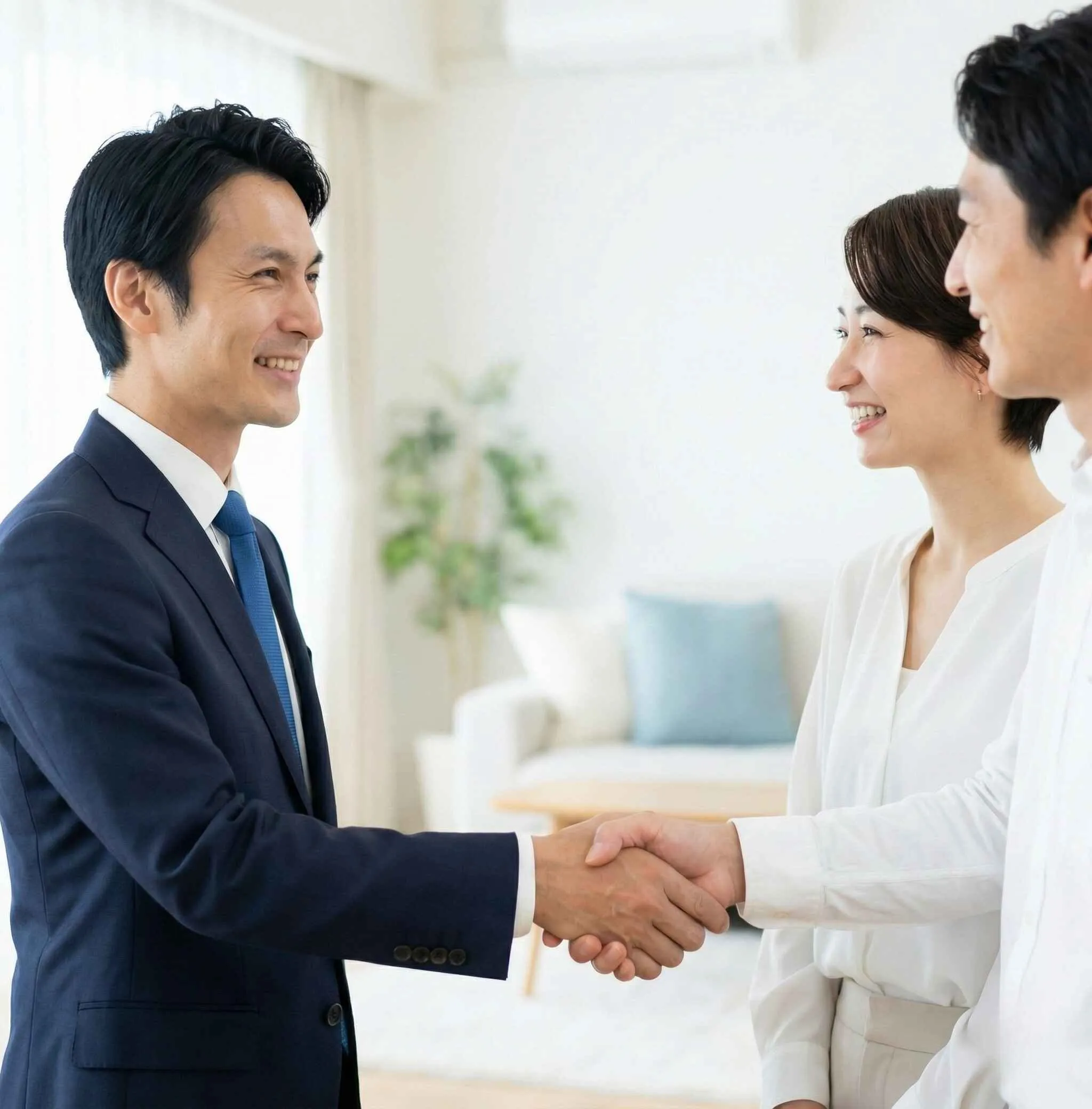 不動産担当者と相談し握手する夫婦