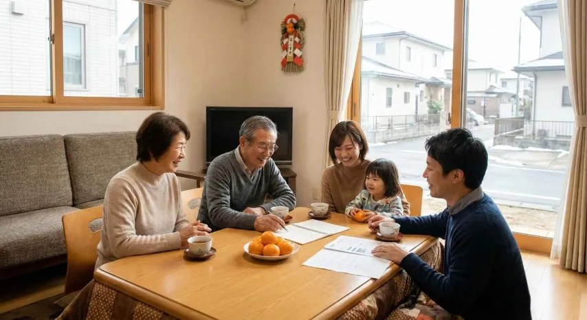 家族会議で不動産売却について話し合う様子
