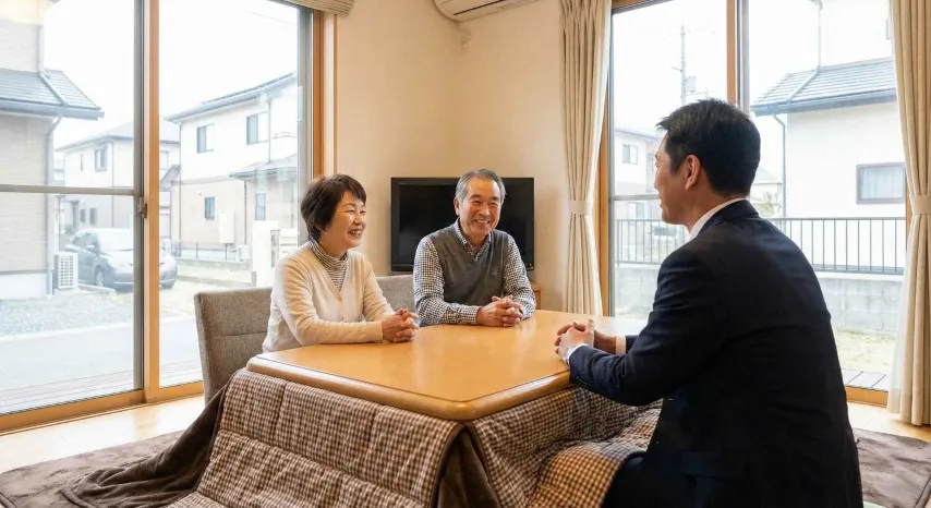 福岡市中央区で不動産売却を検討するご夫婦と不動産会社の担当者が相談している様子