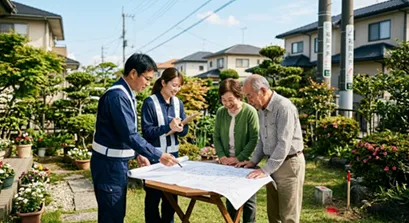福岡市東区の土地境界線を確認する測量の様子