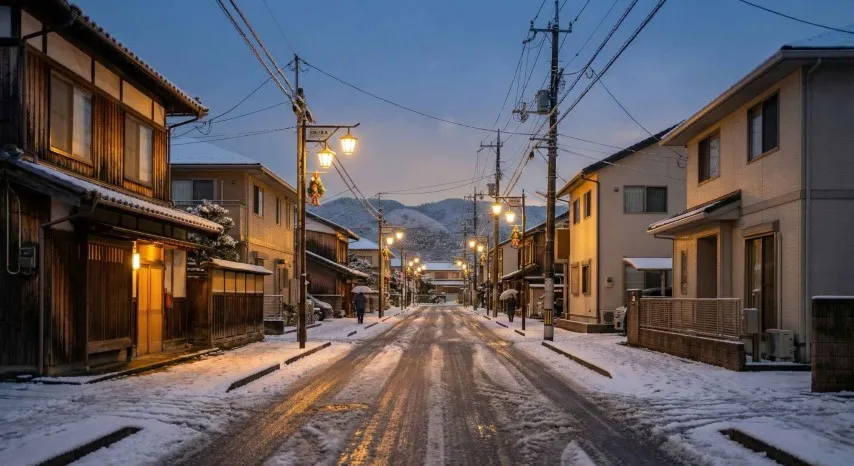 雪に覆われた道、不動産売却という道のりを進む様子