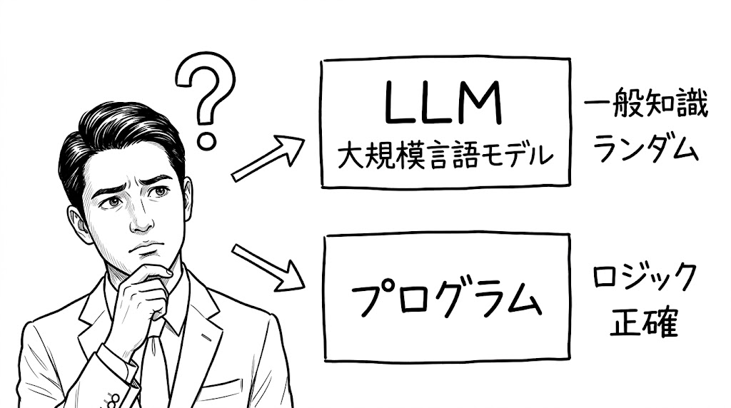常識的な内容は「LLM」、100%正確な計算は「プログラム」。役割分担で勝つビジネスAI活用術