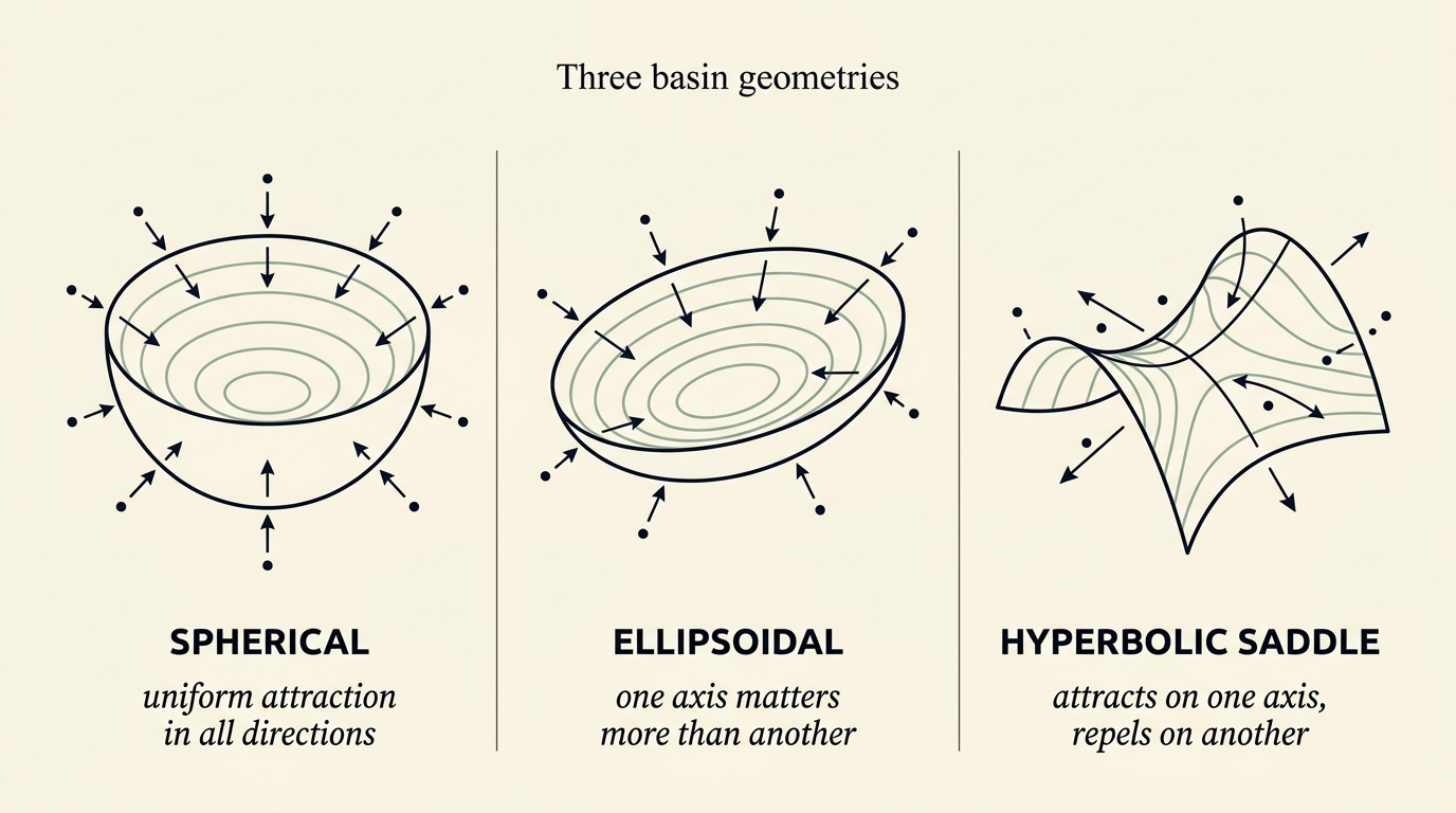 Three labeled attractor basin shapes: SPHERICAL (uniform attraction in all directions), ELLIPSOIDAL (one axis matters more than another), and HYPERBOLIC SADDLE (attracts on one axis, repels on another). Each shown with contour lines and directional arrows from observation dots.