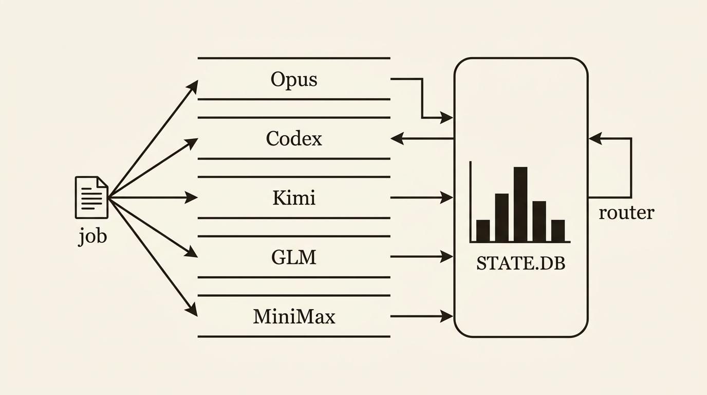 A job document fans out to five model lanes — Opus, Codex, Kimi, GLM, MiniMax. Their scores fill a bar chart inside a STATE.DB box where the Codex bar is tallest, and a router sends the next job back to the Codex lane.