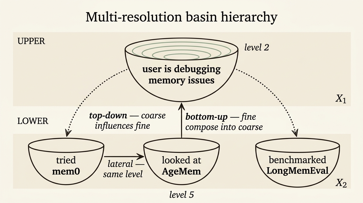 Multi-resolution basin hierarchy. Upper band: one large coarse basin at level 2 labeled 'user is debugging memory issues'. Lower band: three smaller fine basins at level 5 labeled 'tried mem0', 'looked at AgeMem', 'benchmarked LongMemEval'. Top-down dotted arrows from coarse to fine, bottom-up solid arrow from fine to coarse, lateral arrow between two sibling fine basins.