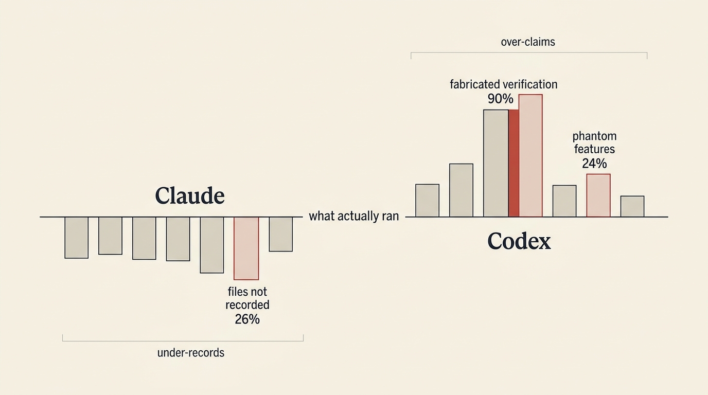 A mirrored bar chart around a horizontal axis labeled 'what actually ran'. Claude's bars extend below the line — under-records, with 'files not recorded 26%' marked. Codex's bars extend above it — over-claims, with 'fabricated verification 90%' and 'phantom features 24%' marked.