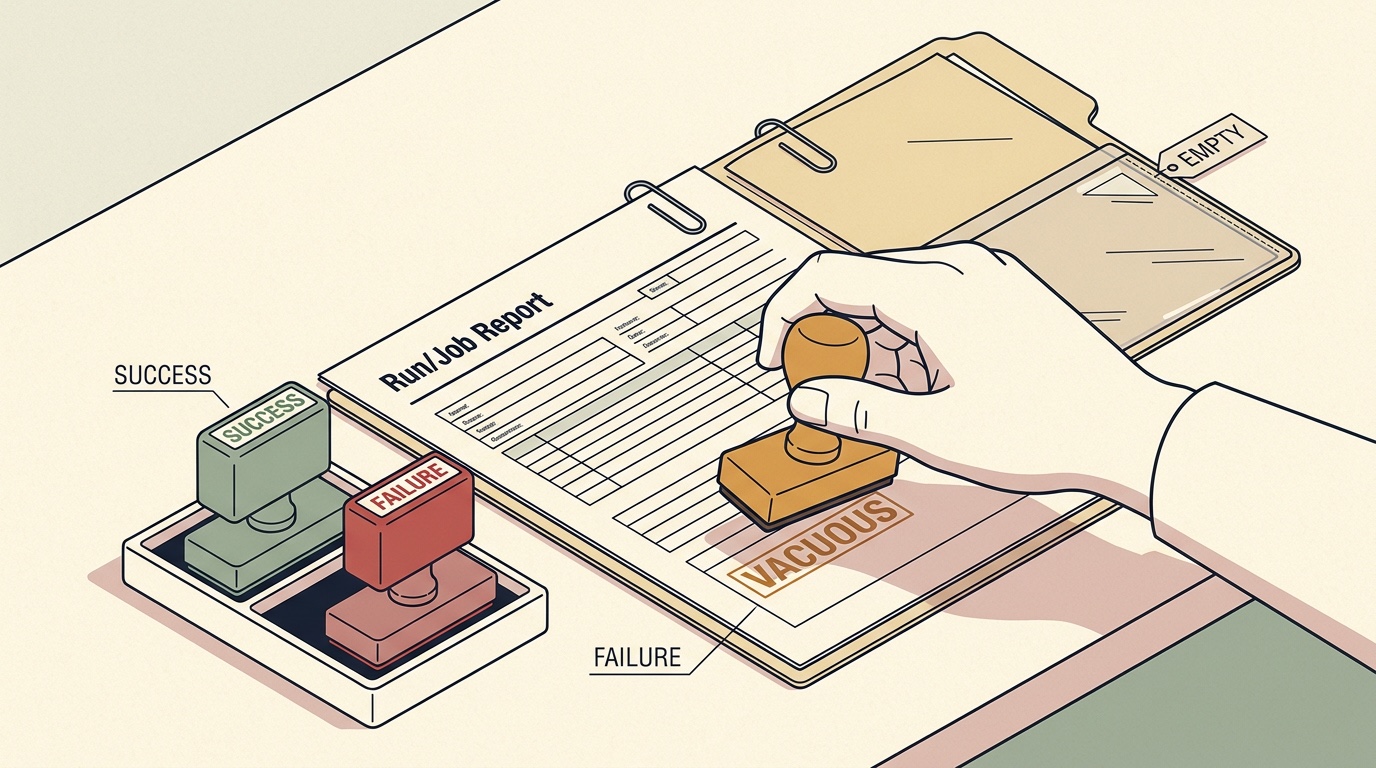 Three rubber verdict stamps on a cream desk. A green SUCCESS stamp and a red FAILURE stamp rest untouched in an ink tray, while a hand presses the amber VACUOUS stamp down onto a run's job report. The report's evidence folder is tagged EMPTY.