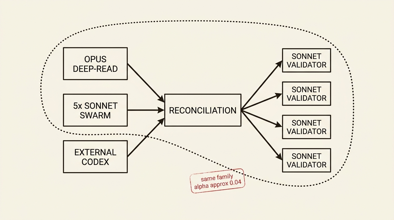 Three-stage code-audit pipeline. Three boxes on the left labelled OPUS DEEP-READ, 5x SONNET SWARM, and EXTERNAL CODEX feed arrows into a central RECONCILIATION box, which fans out to four SONNET VALIDATOR boxes on the right. A hand-drawn dotted oval encloses the Opus and Sonnet hunters together with all four validators; EXTERNAL CODEX sits outside the loop. A small librarian-stamp-red label tag near the loop reads 'same family alpha approx 0.04'.