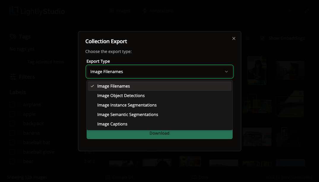 Export format dropdown