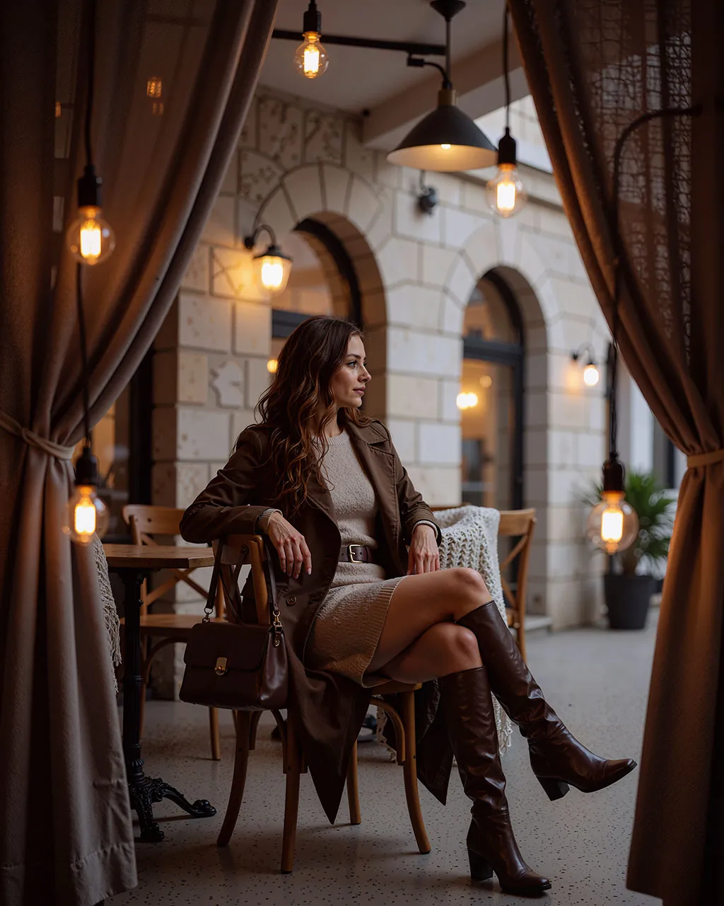 Beige Knit Minidress & Chocolate Coat Outfit