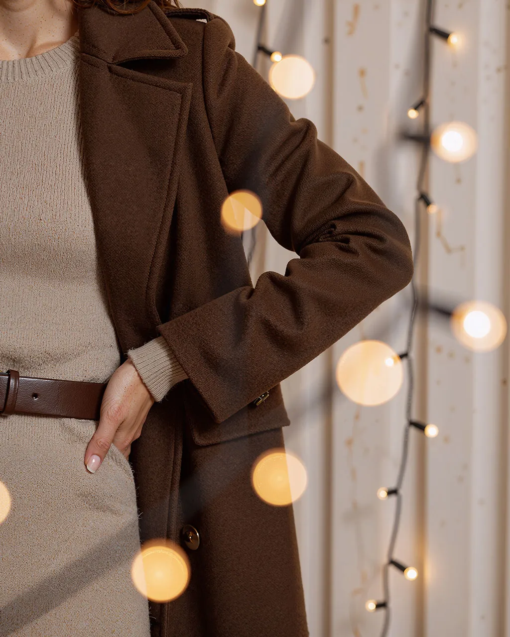 Beige Knit Minidress & Chocolate Coat Outfit