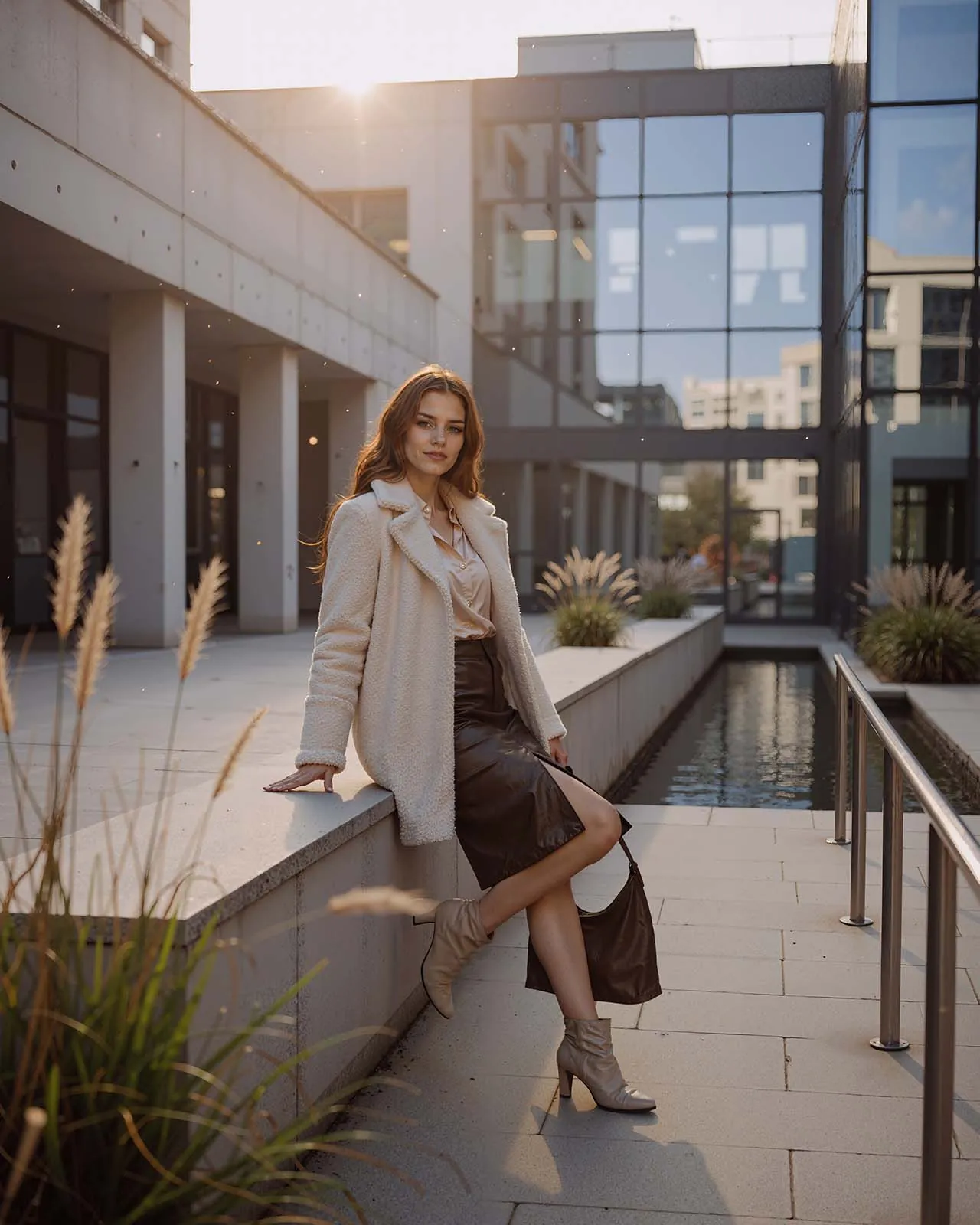 Fashion look: Cream Teddy Coat & Satin Blouse Winter Outfit