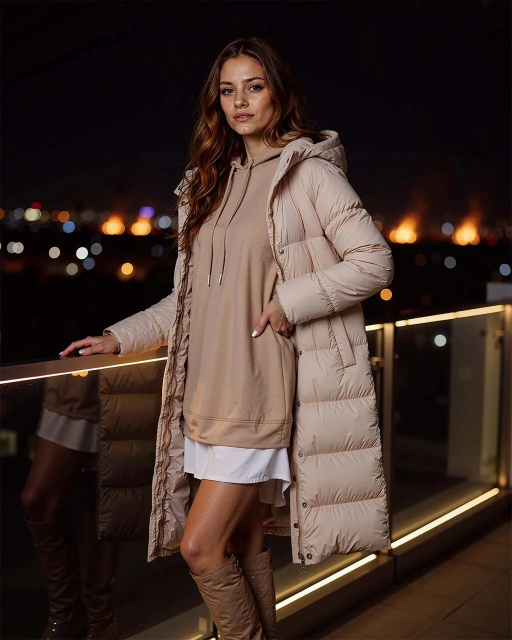 Beige Oversized Sweat & White Midi Dress Outfit