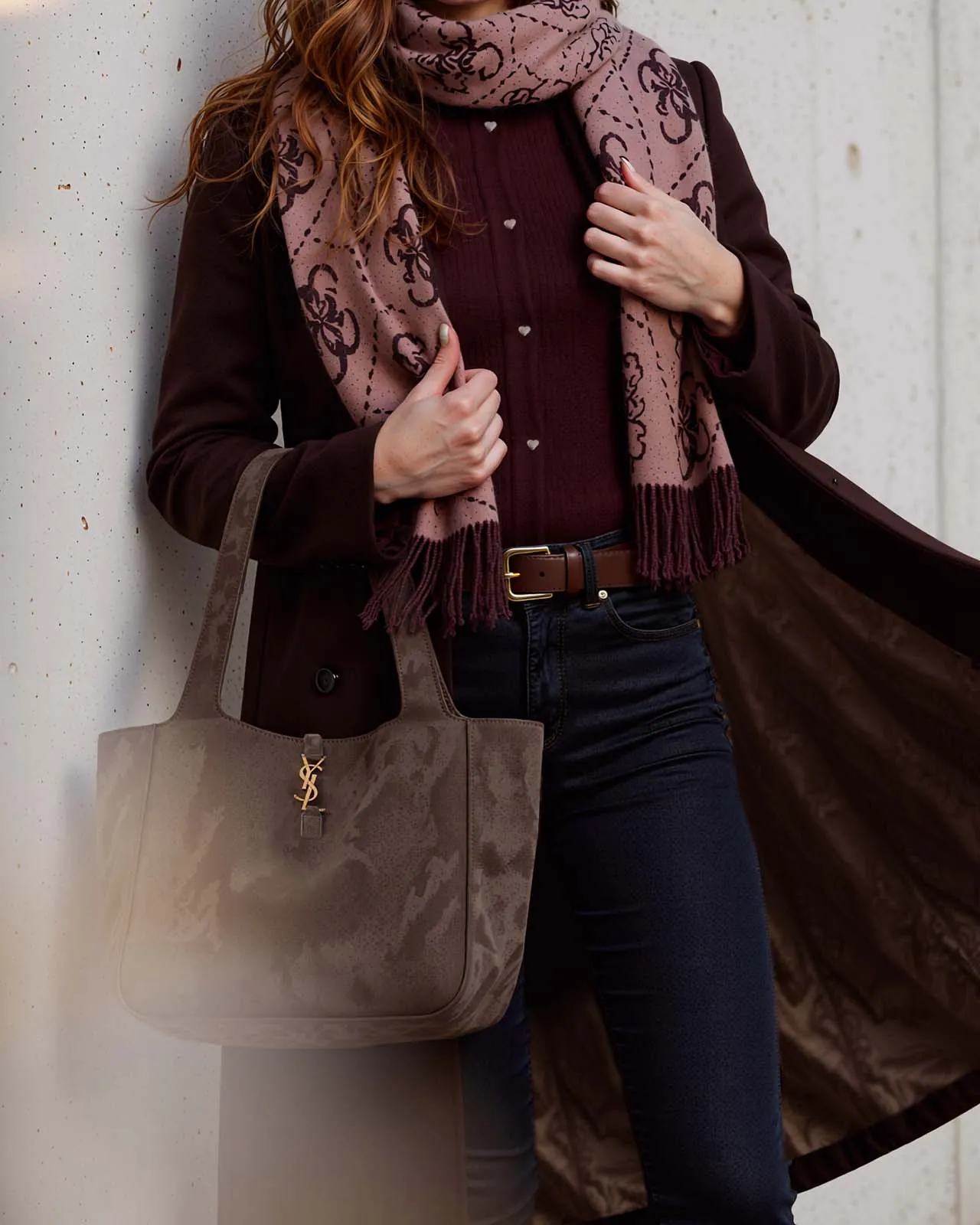 Burgundy Cardigan & Dark Denim Winter Layer