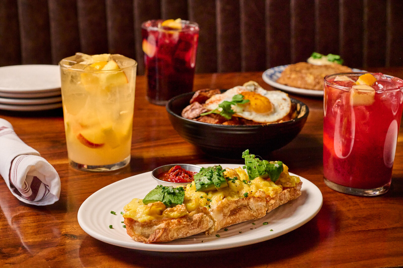 lbbr bottomless sangria, crystal bread tartine sandwich, brunch patatas bravas, tortilla espanola