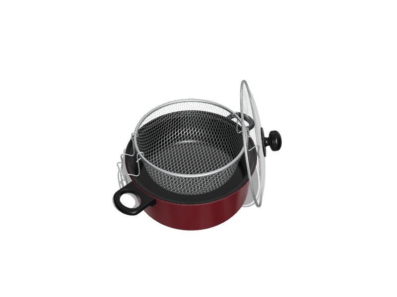 Deep Fryer 3PC Set with 4.5 Quart Non-Stick Ceramic Coated Dutch Oven Style Pot, Stainless Steel Fryer Basket & Glass Lid - Cool Touch Handle, Red
