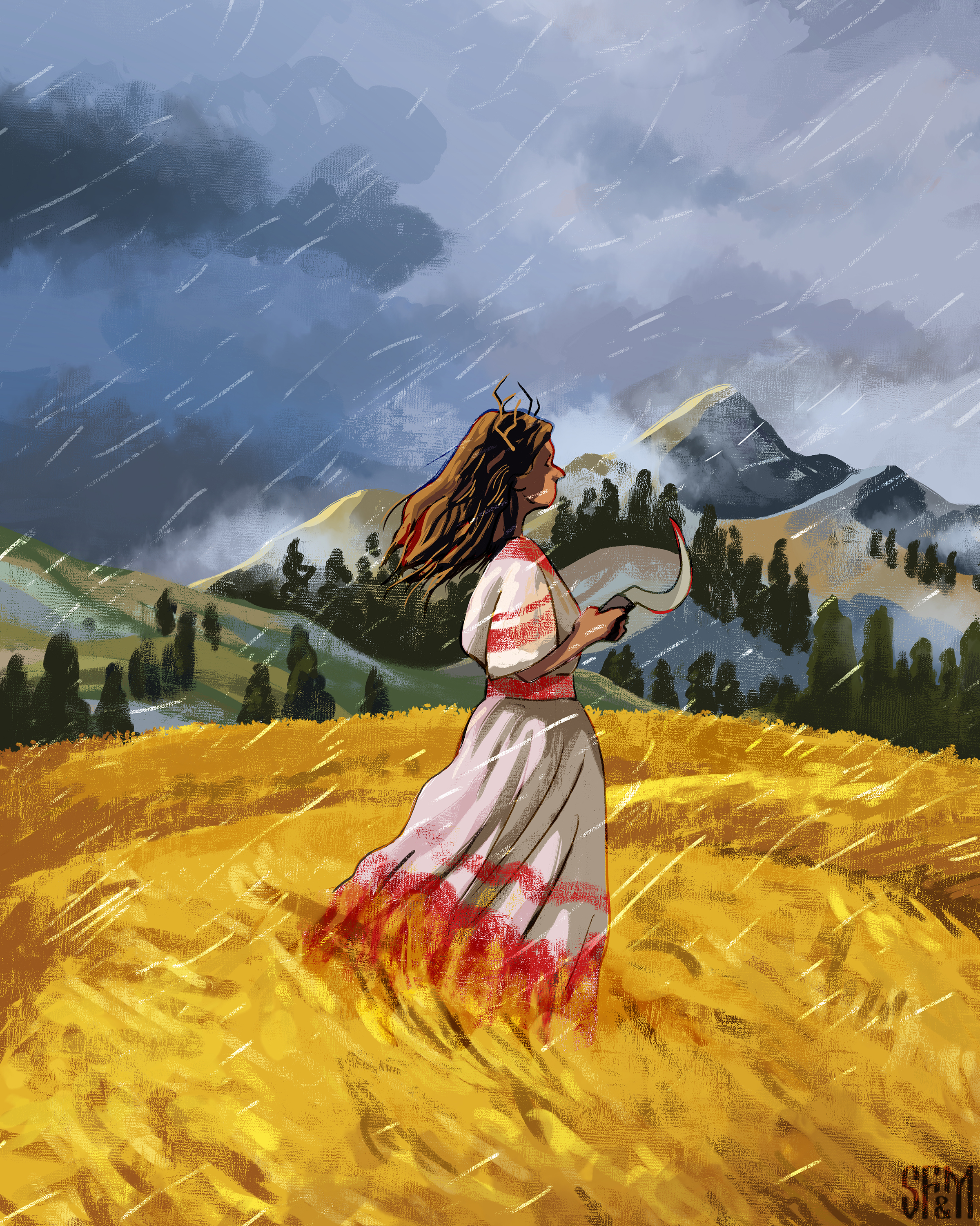 A Samovila standing in a field of wheat, during a storm, holding a bloodied sickle