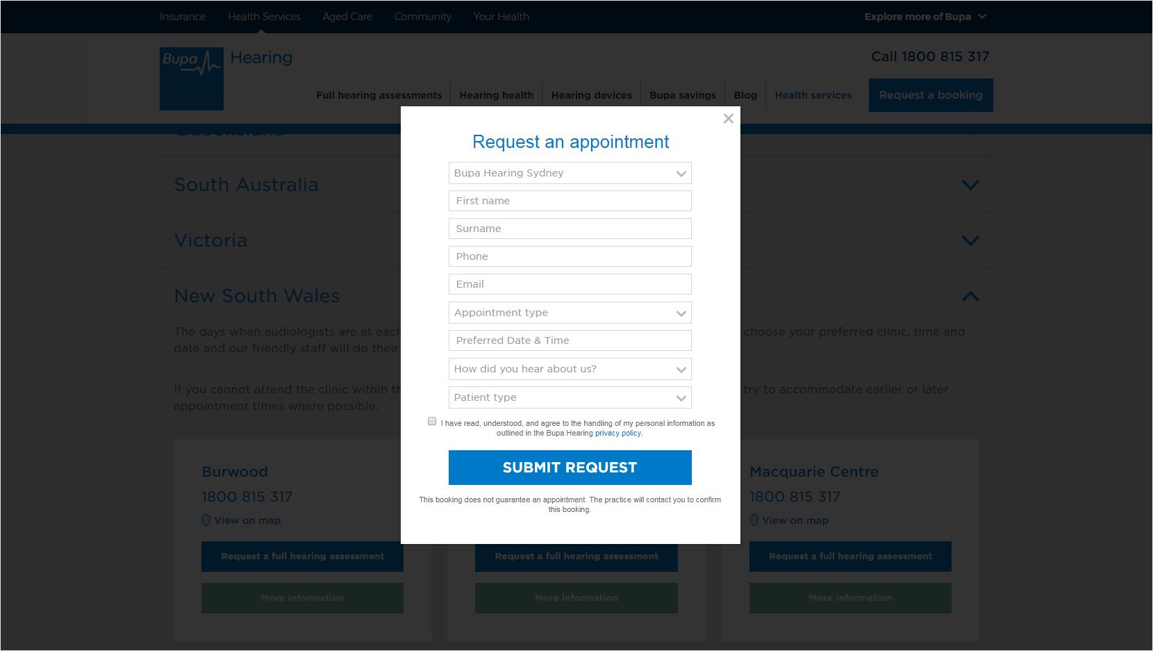 Bupa Hearing Booking Form