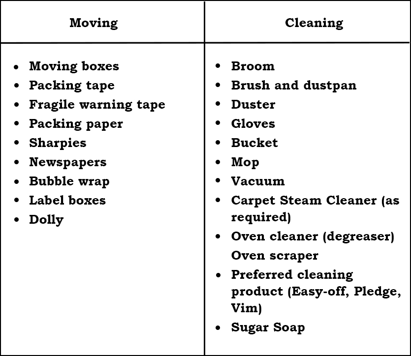 Checklist for Moving & Cleaning
