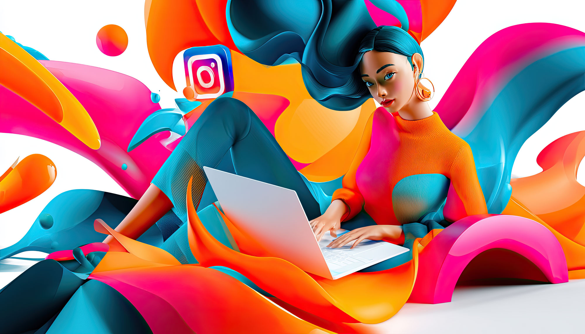 girl working on a laptop creating social media posts -  Illustration