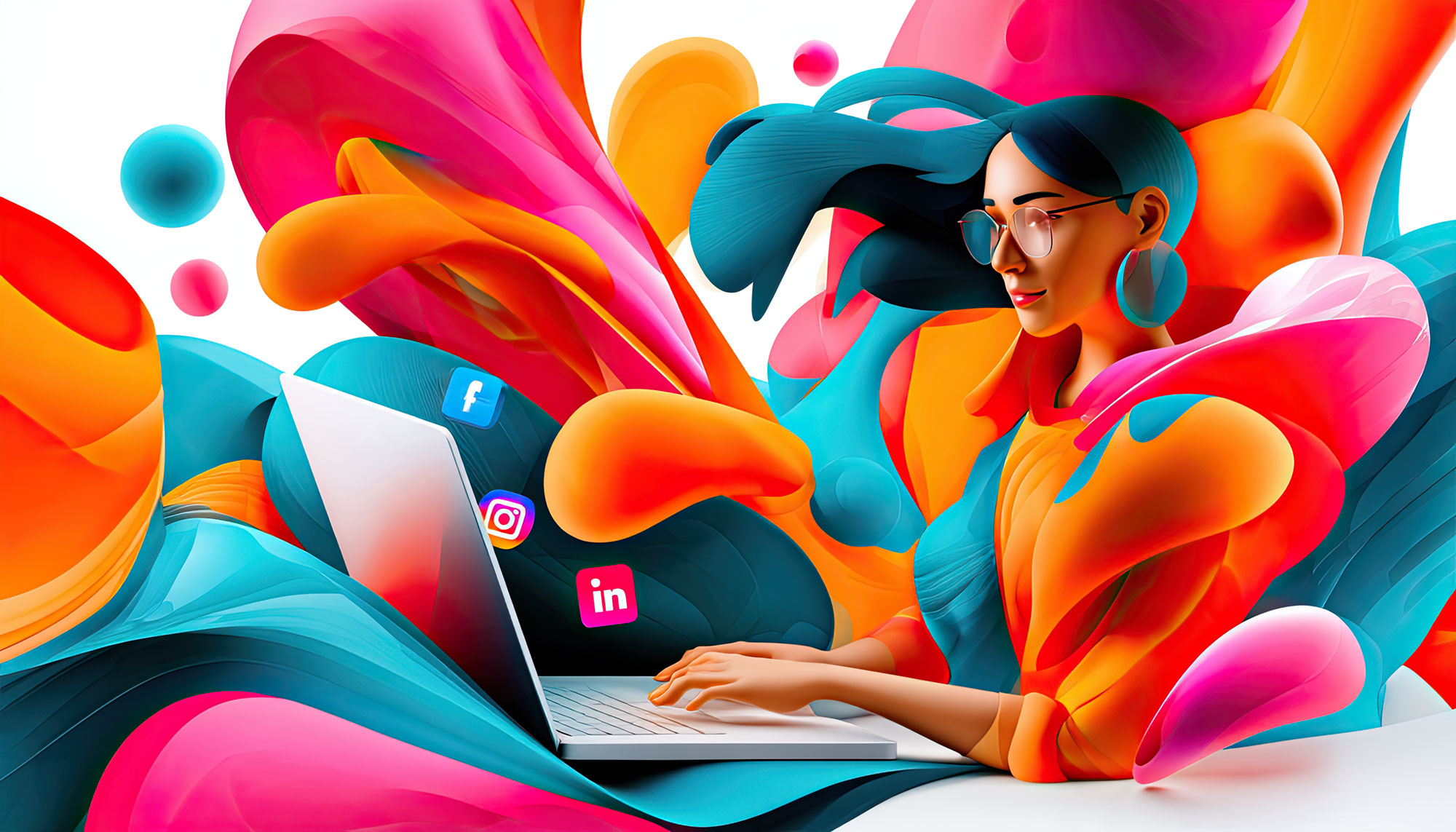 girl working on a laptop creating social media posts -  Illustration
