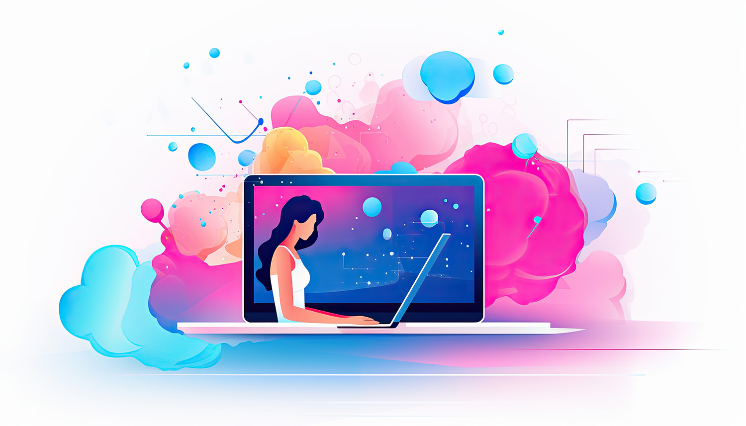 illustration of a young female entrepreneur working on a laptop for AEO