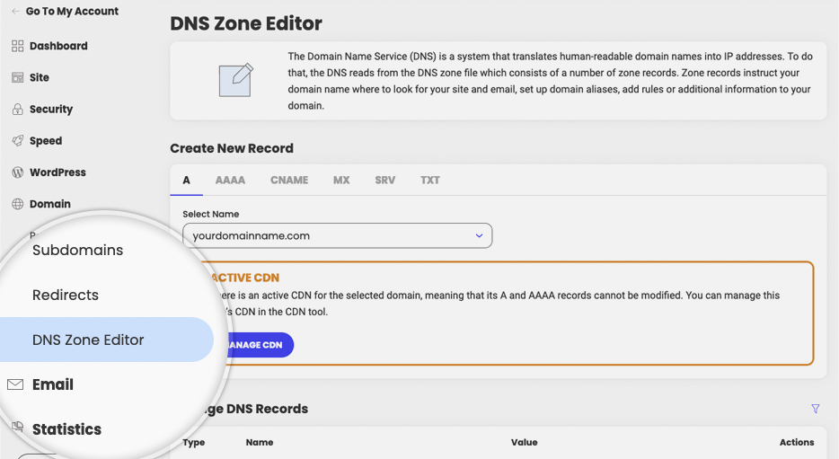 siteground DNS zone editor