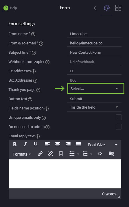 Setting a thank you page