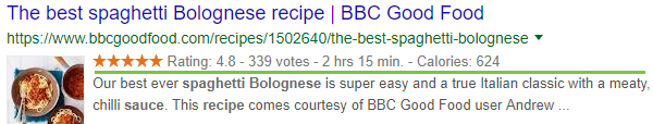 structured data has displayed: Reviews, Cooking Time and Calories