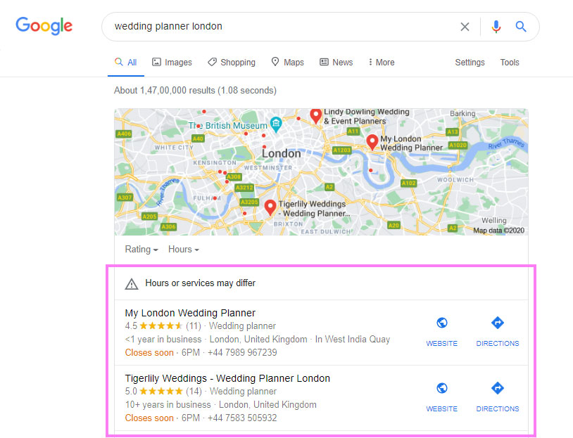 Google Maps results - weddings businesses