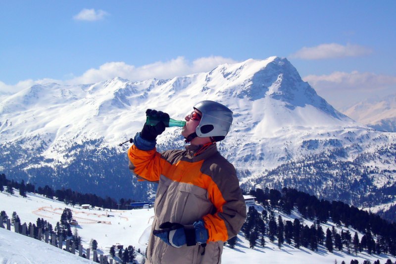 Skier drinking water