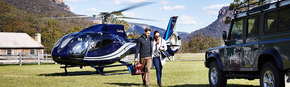Travel in style via helicopter to Wolgan Valley Resort. The ultimate luxury experience, the thrill of flying through the scenic blue mountains before arriving at your peaceful lodgings.