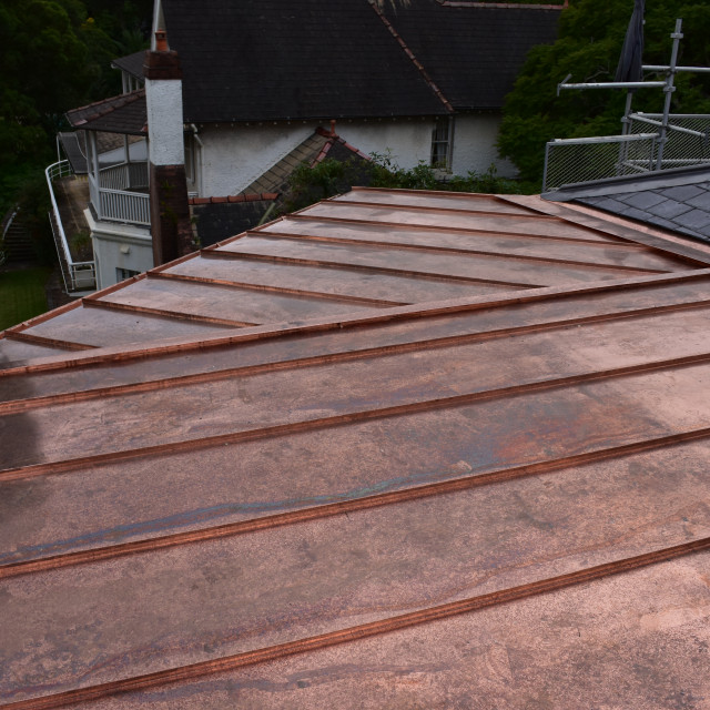 Copper standing seam roof, copper flashings