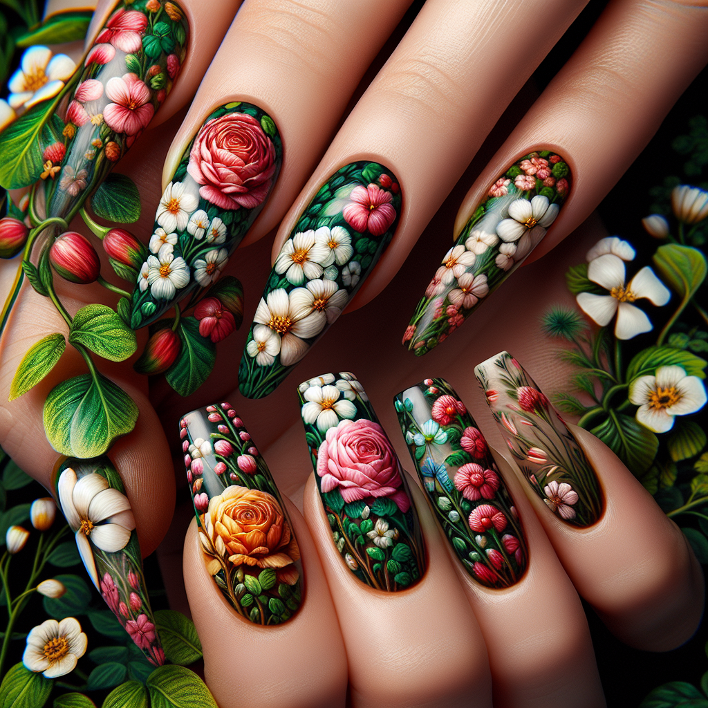 A composite image featuring various flower designs, creating the beautiful ambiance of a botanical garden on the nails, including roses, daisies, and lilies with a mix of shades and patterns