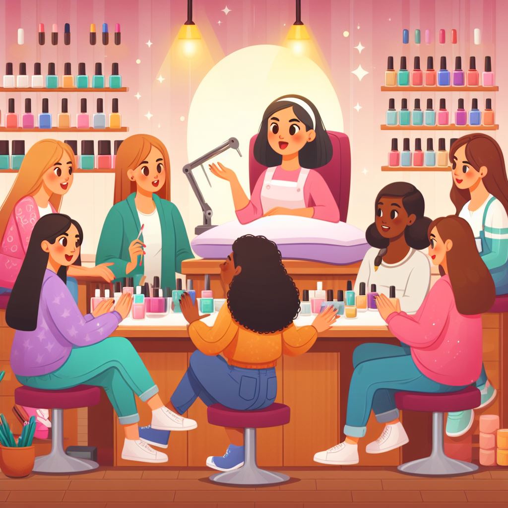 A nail technician discussing nail goals with several clients, understanding their preferences and expectations for the desired nail treatment
