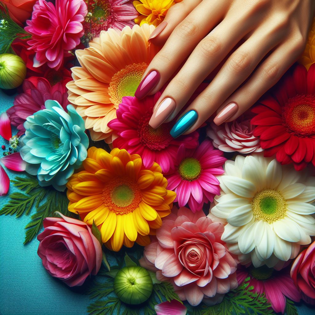 A woman's hand with perfectly manicured nails surrounded by vibrant flowers, symbolizing the beauty of nail care