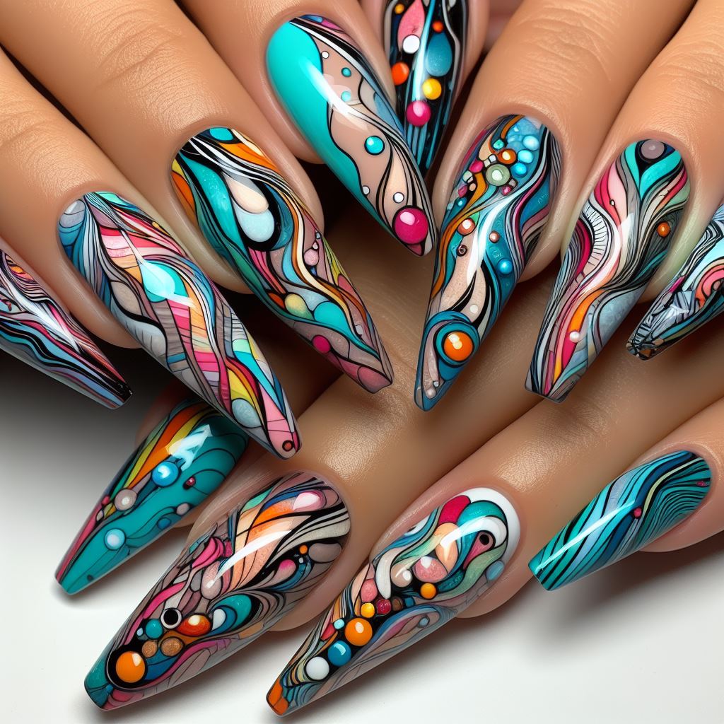 Abstract nail art designs featuring free-form patterns and vibrant colors, showcasing creativity and individuality