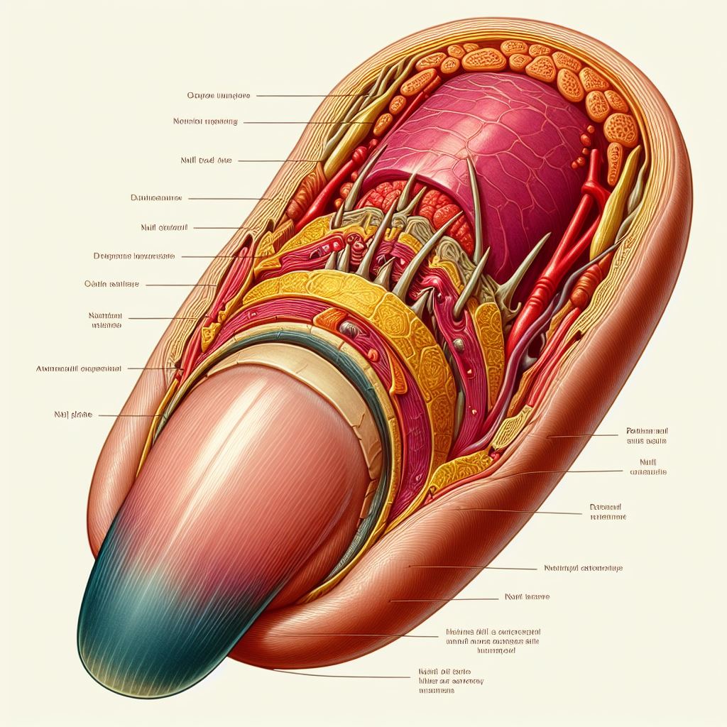 An anatomical image showing the structure of a nail, including the nail plate, nail bed, cuticle, and lunula