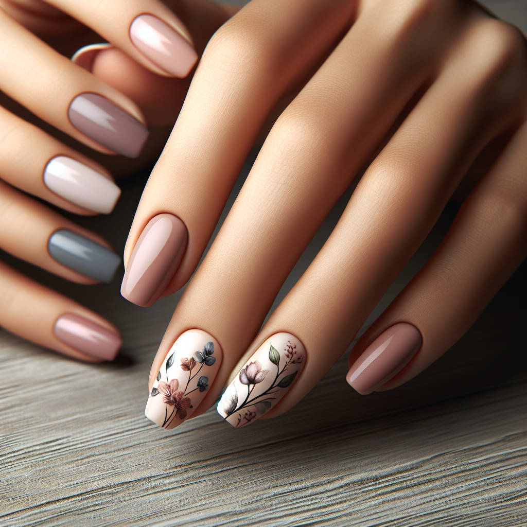 An image demonstrating a subtle floral accent nail against a backdrop of nails painted in a single color, showcasing the suggested low-key approach