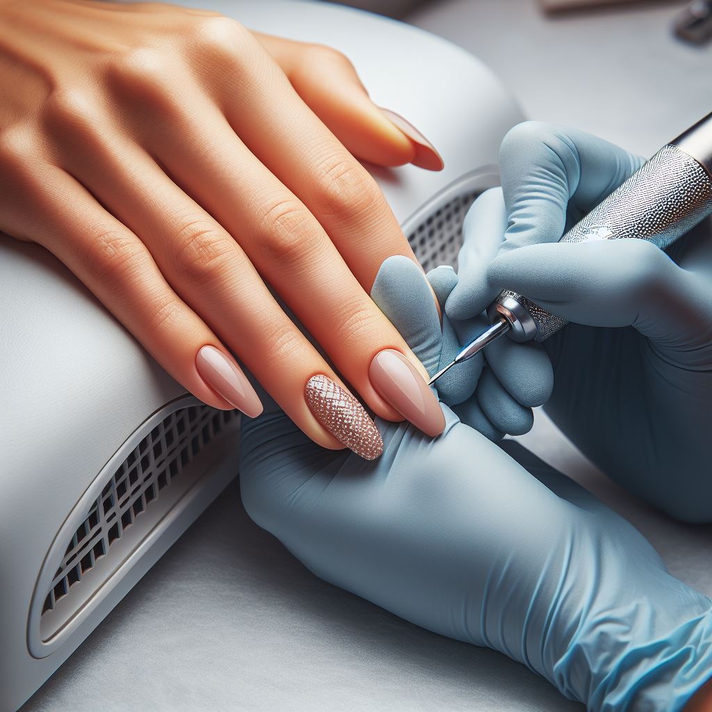 Artistic application of hybrid gel with an e-file for precise contouring and shaping of nails