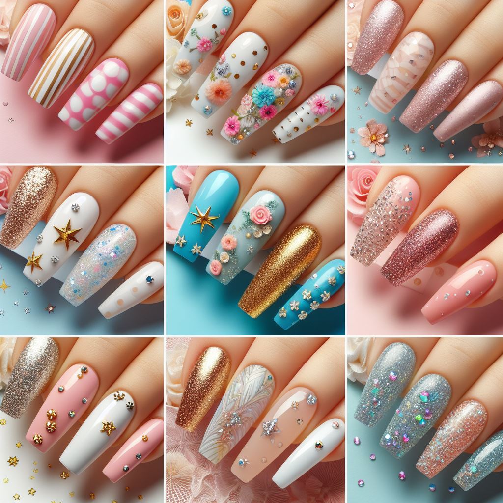 Assortment of colorful and stylish nail art designs.